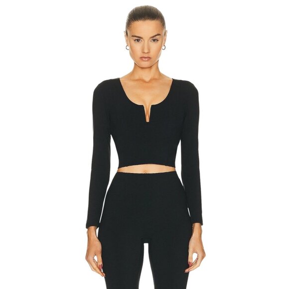 Le Ore Veneto Deep V Neck Long Sleeve Top in Black XSmall New Womens Crop - Picture 1 of 12